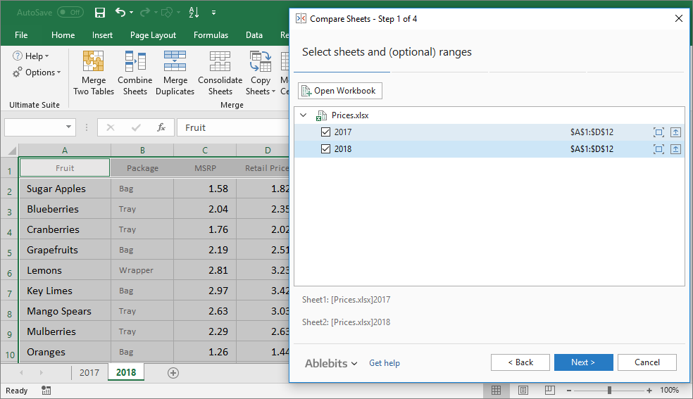 Ablebits Compare Sheets screenshot showing worksheet selection for comparison