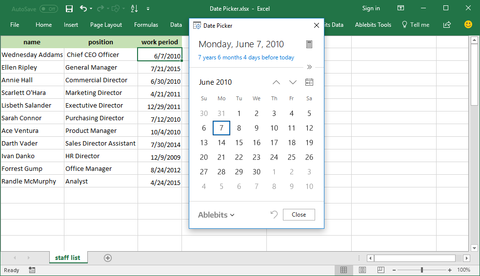 Ablebits Date Picker screenshot showing a pop-up calendar inside Excel