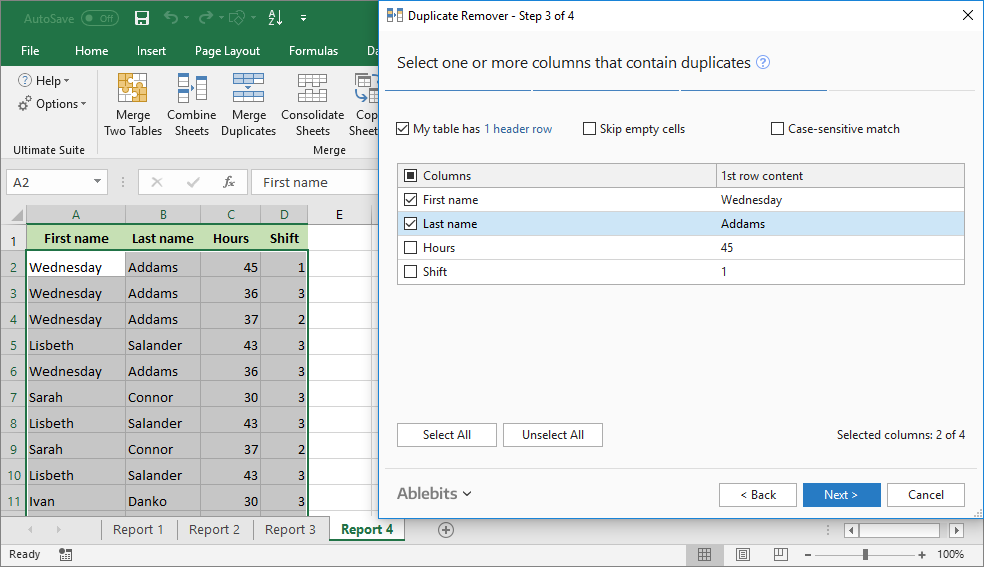 Ablebits Duplicate Remover screenshot showing key column selection