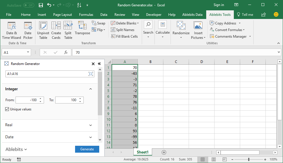 Ablebits Random Generator screenshot showing random integer settings
