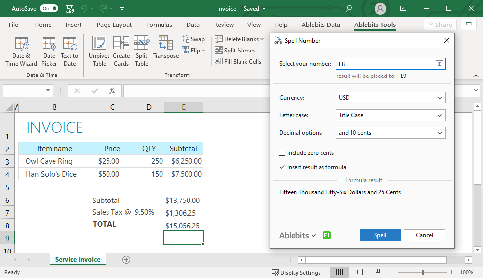 Ablebits Spell Number screenshot showing number-to-words conversion options