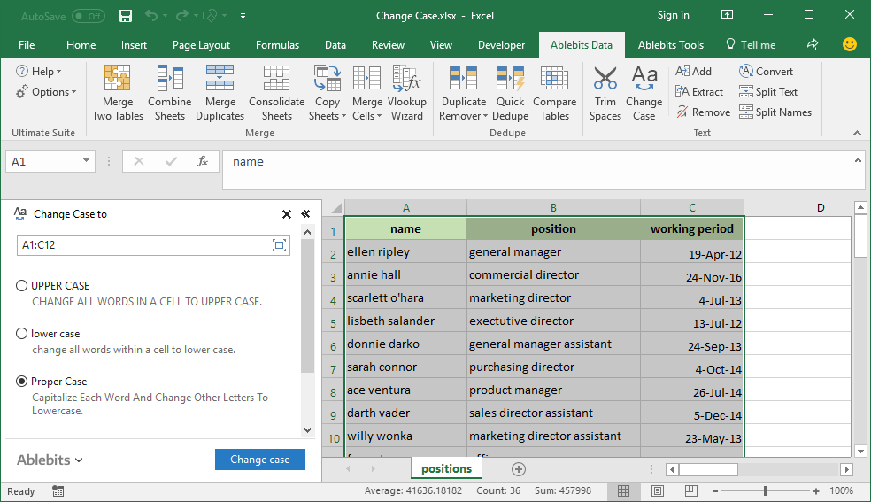 Ablebits Text Toolkit screenshot showing Proper Case text transformation