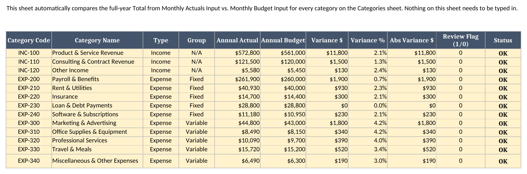 Budget vs Actual sheet showing category code, name, type, group, annual actual, annual budget, variance dollars and percent, and a Review or OK status for all 13 categories