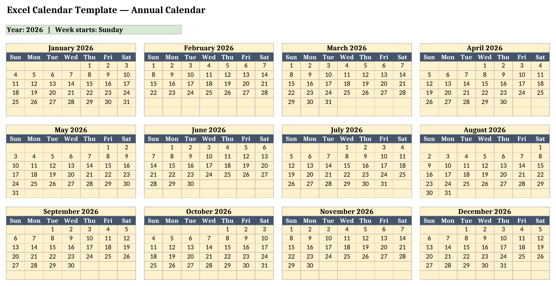 Excel Calendar Template's Calendar sheet showing twelve weekday-aligned month grids arranged four across by three down, each with a month title, weekday header row, and six week rows of day numbers
