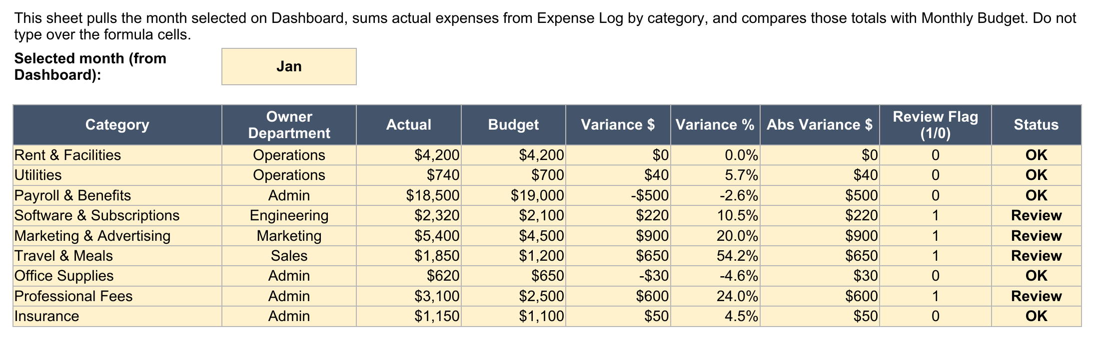 Variance sheet showing category-level actuals, budgets, dollar variance, percent variance, absolute variance, review flags, and Review or OK status