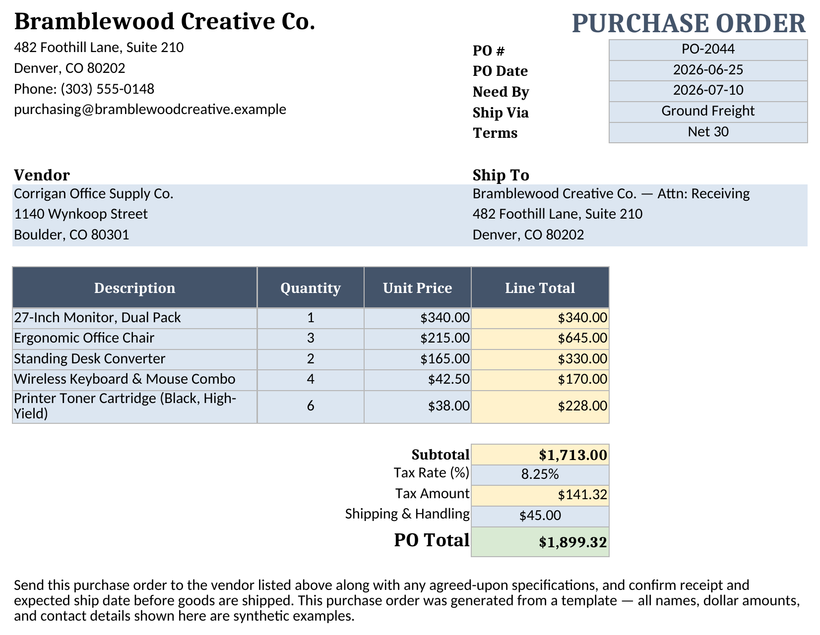 Purchase order sheet showing a company header, PO number and dates, vendor and ship-to blocks, a five-line line-item table with quantity, unit price, and line total, and a subtotal, tax, shipping, and PO total summary