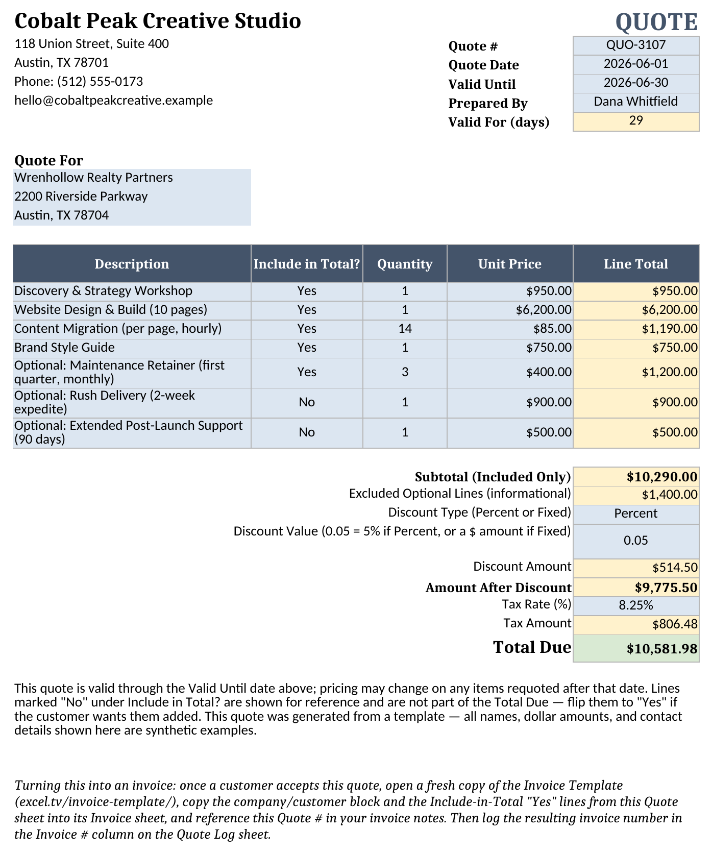Quote sheet showing a company header, quote number and valid-until dates, a quote-for block, a seven-line item table with an Include in Total toggle, quantity, unit price, and line total, and a subtotal, discount, tax, and total due summary