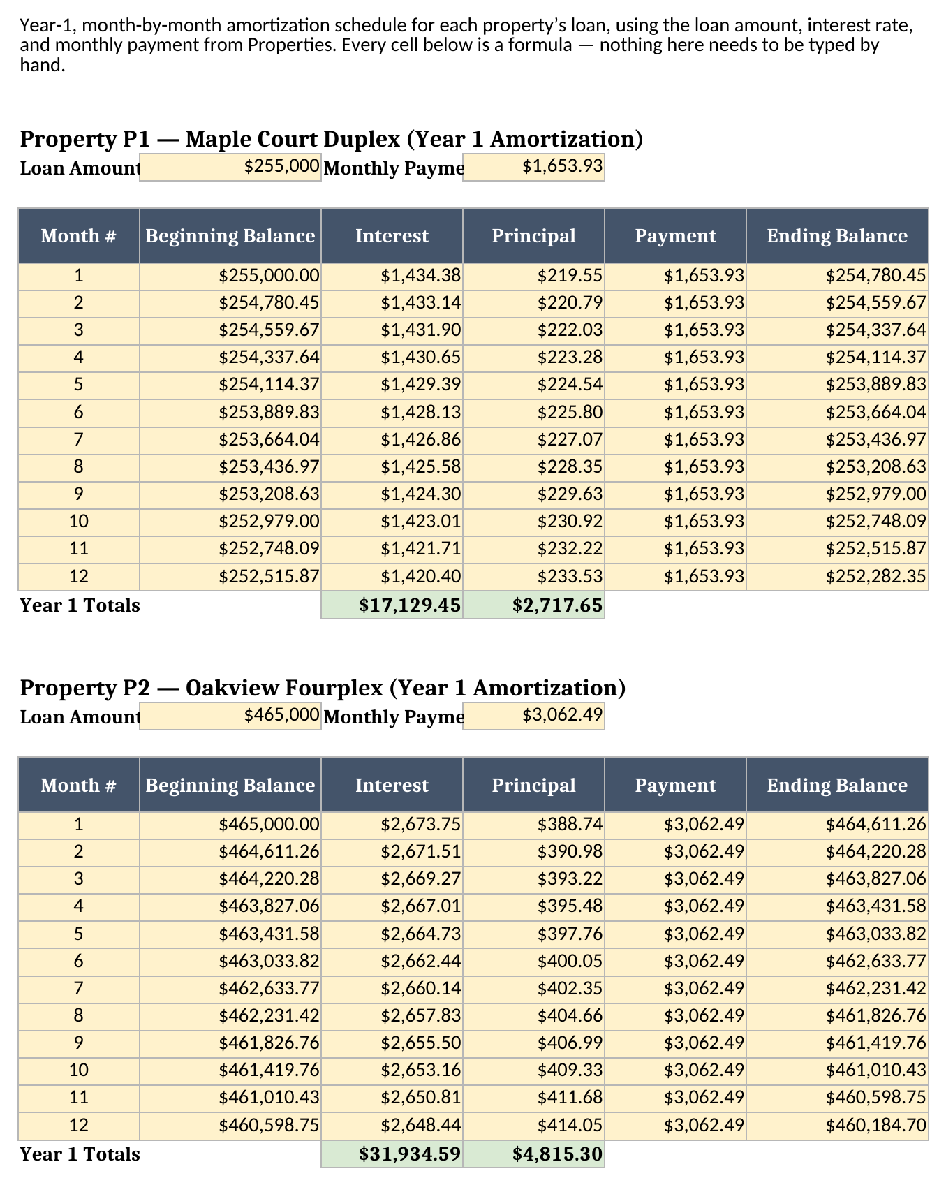 Mortgage sheet showing the year-1 amortization schedule for both sample properties, with beginning balance, interest, principal, payment, and ending balance for all 12 months plus a year-1 totals row